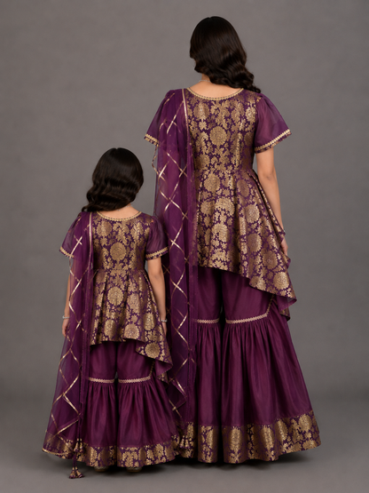 Purple Brocade sharara set with attached duppata