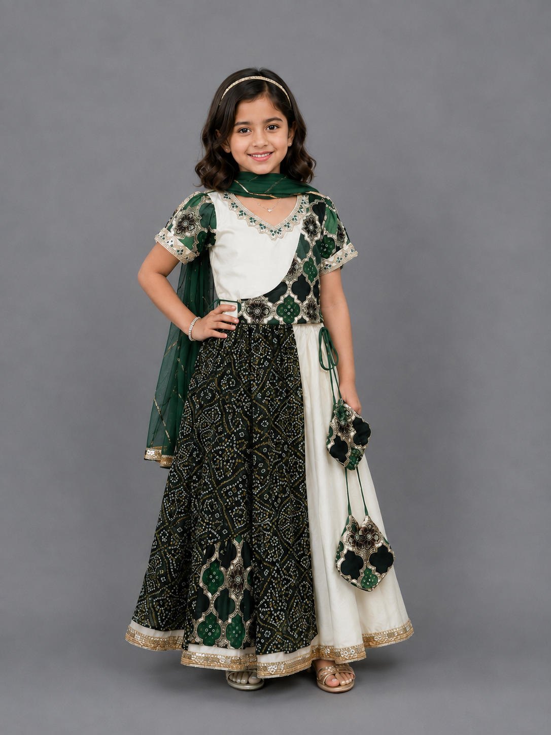 Green Bandhini Peplum Blouse Lehnga Set