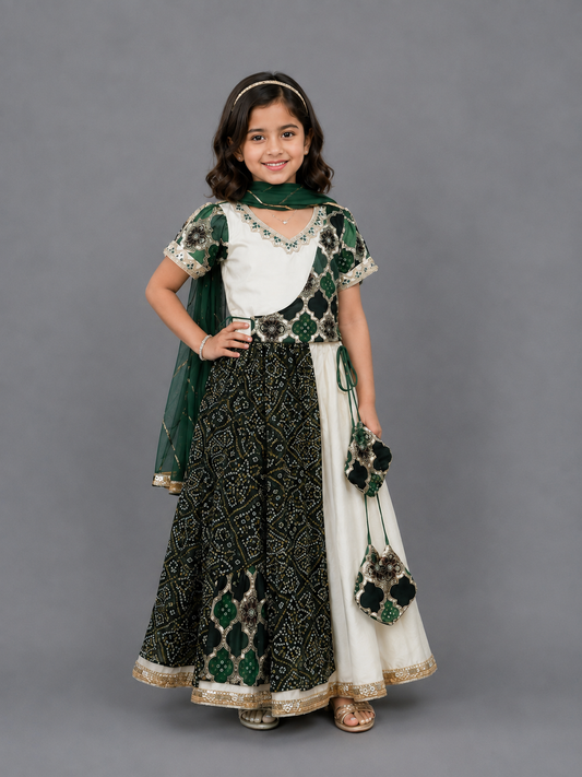 Green Bandhini Peplum Blouse Lehnga Set