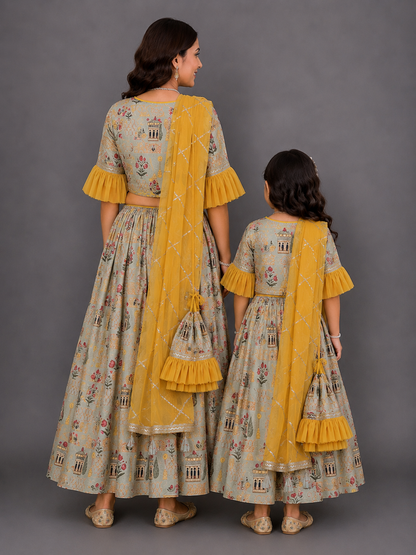Mughal printed blouse lehnga set with attached dupatta