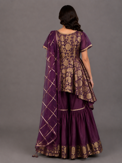 Purple Brocade sharara set with attached duppata