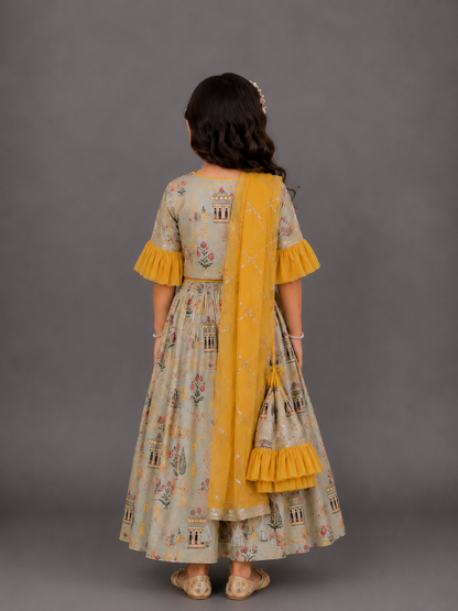 Mughal printed blouse lehnga set with attached dupatta