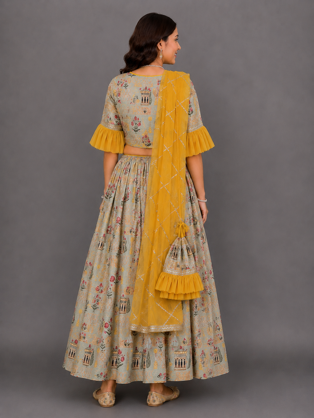 Mughal printed blouse lehnga set with attached dupatta