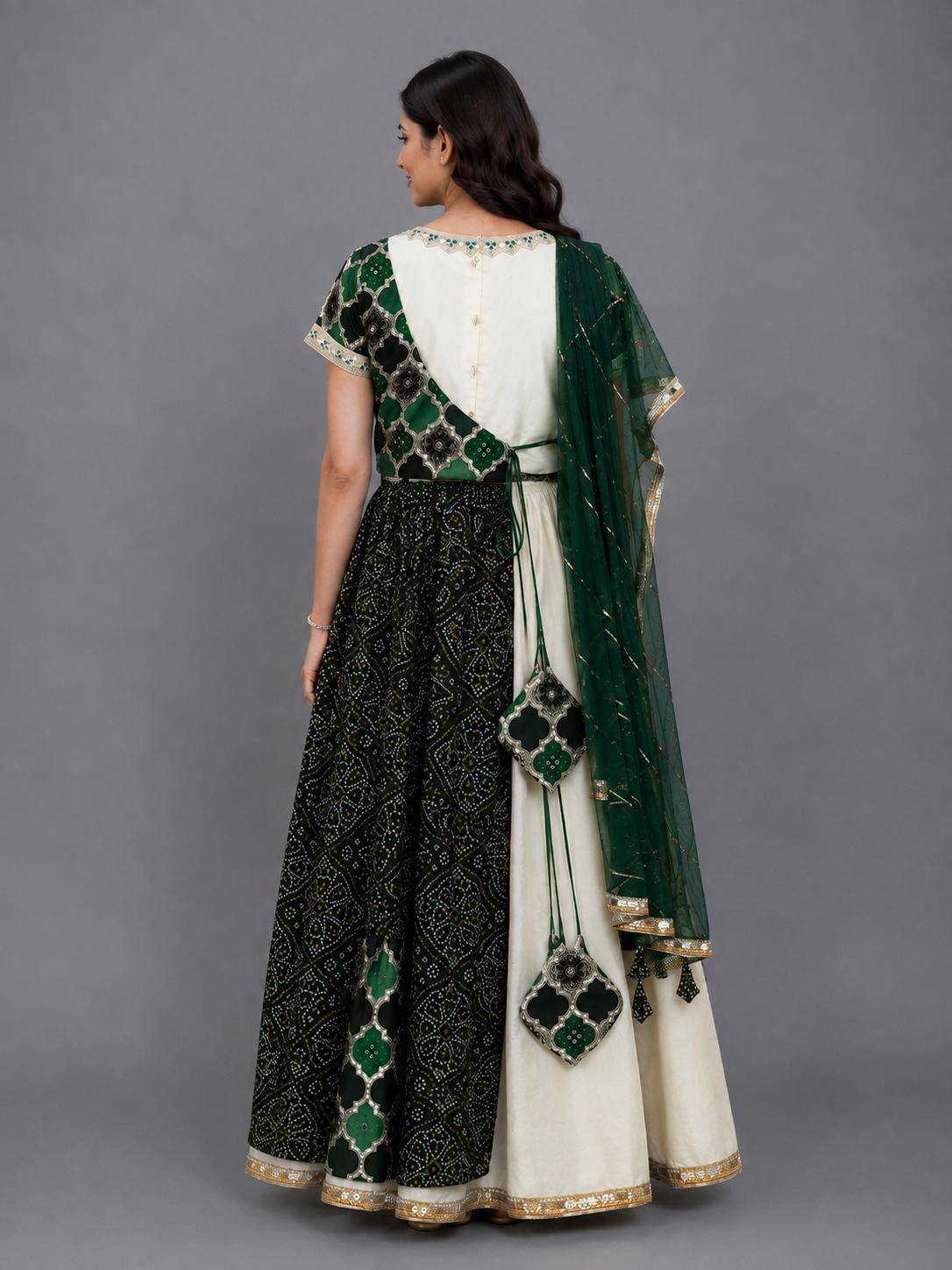Green Bandhini Peplum Blouse Lehnga Set