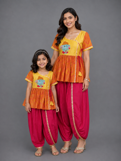 Ganpati Embroidered Orange Yellow Dhoti Set