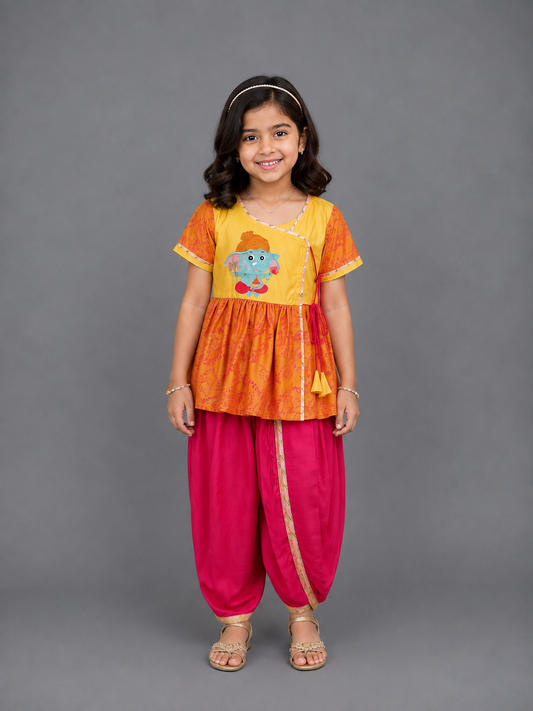 Ganpati Embroidered Orange Yellow Dhoti Set