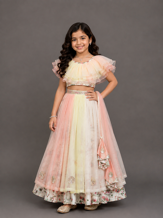 Multi Color Organza Frill with Printed lehnga set