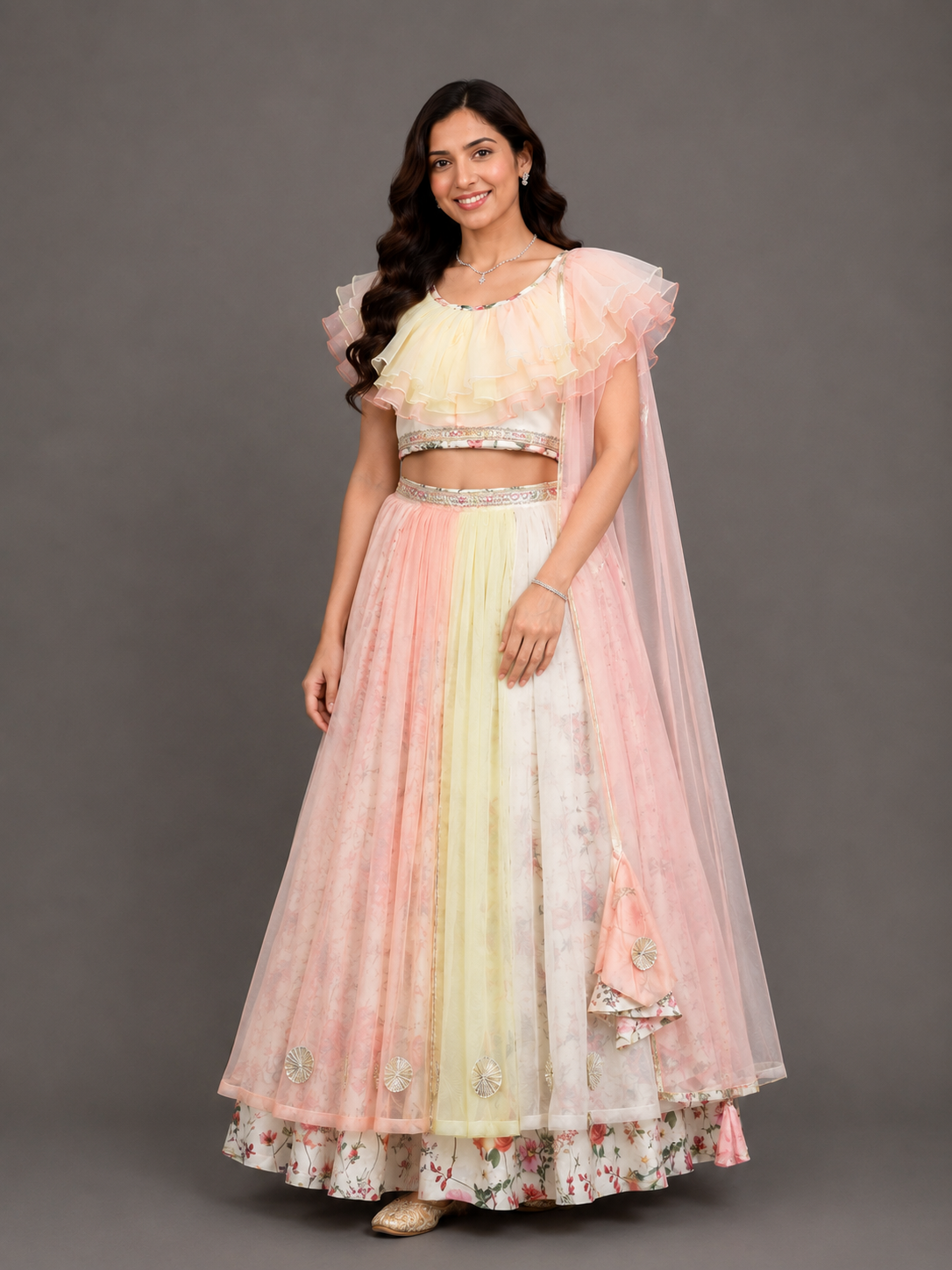 Multi Color Organza Frill with Printed lehnga set