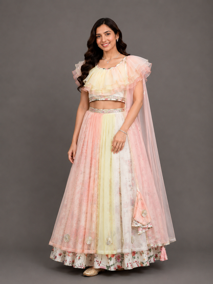 Multi Color Organza Frill with Printed lehnga set