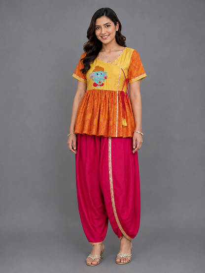 Ganpati Embroidered Orange Yellow Dhoti Set