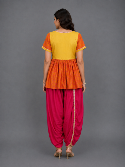Ganpati Embroidered Orange Yellow Dhoti Set