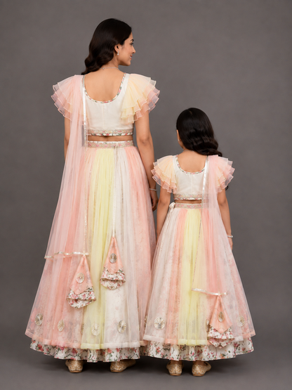 Multi Color Organza Frill with Printed lehnga set