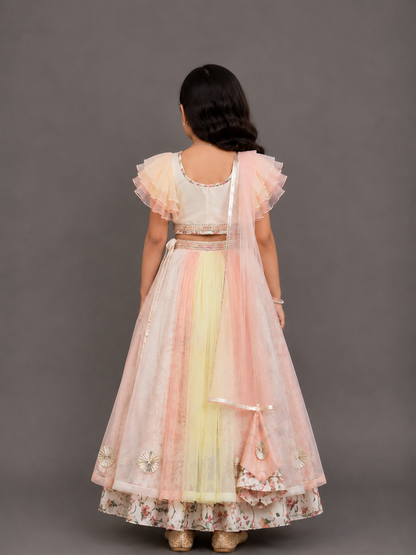Multi Color Organza Frill with Printed lehnga set
