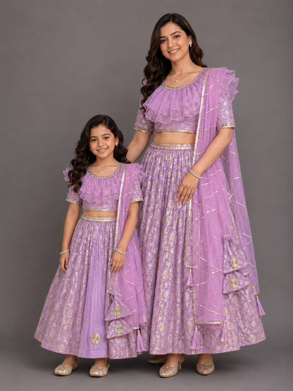Lavendar Organza frilly Chanderi lehnga set and dupatta