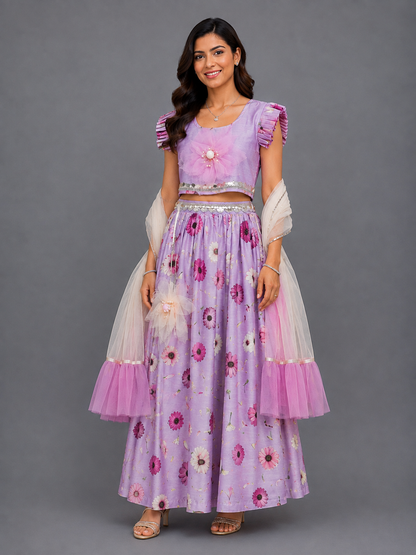 Light Purple 3d Flowers Lehnga Set