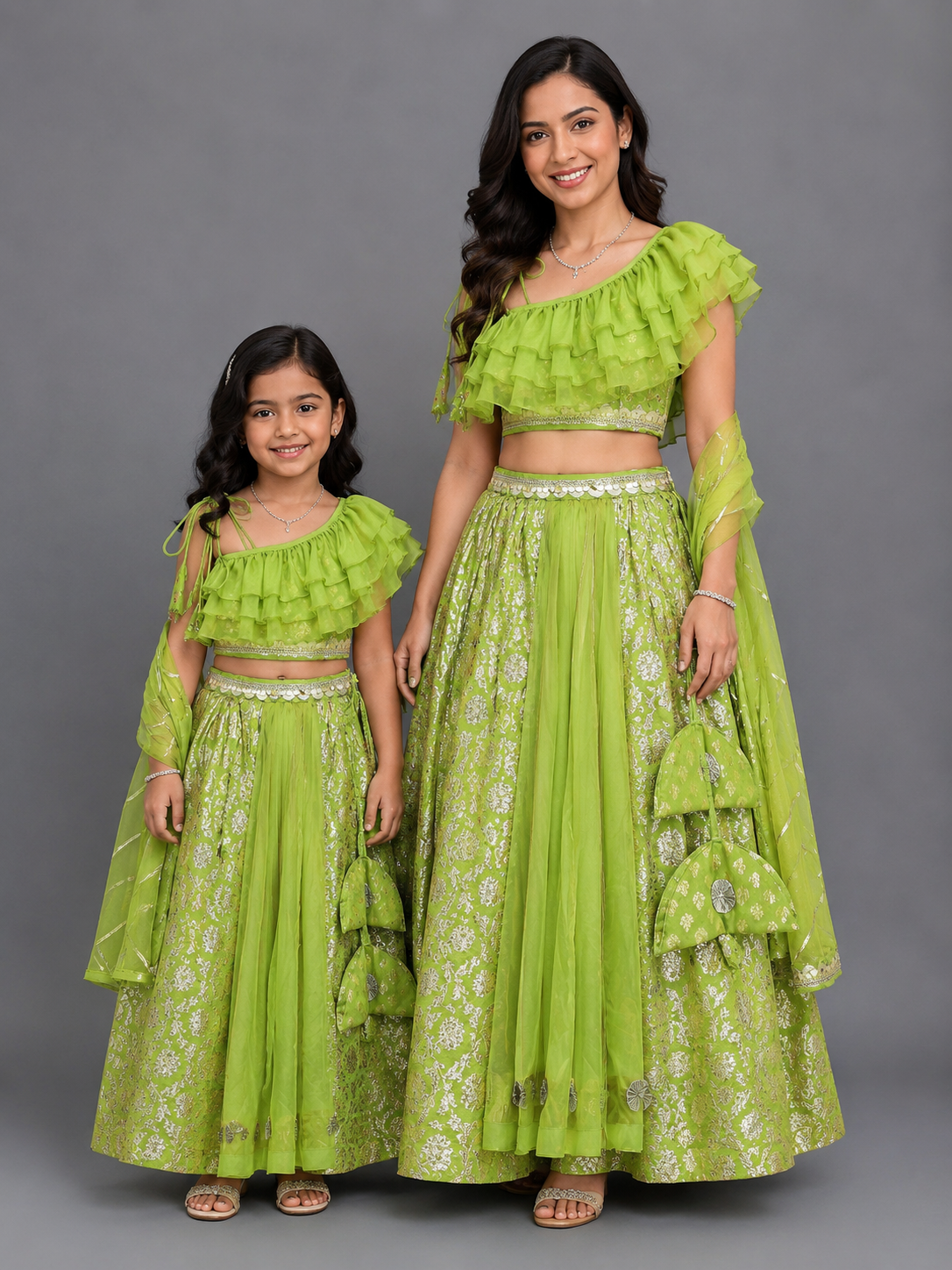 Green Off shoulder Organza Frill Chanderi lehnga set