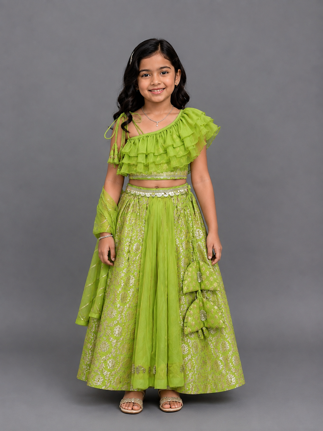 Green Off shoulder Organza Frill Chanderi lehnga set