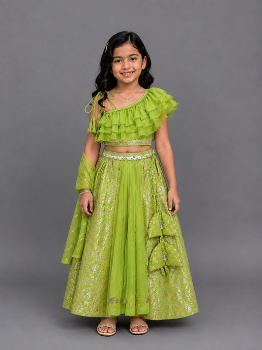 Green Off shoulder Organza Frill Chanderi lehnga set