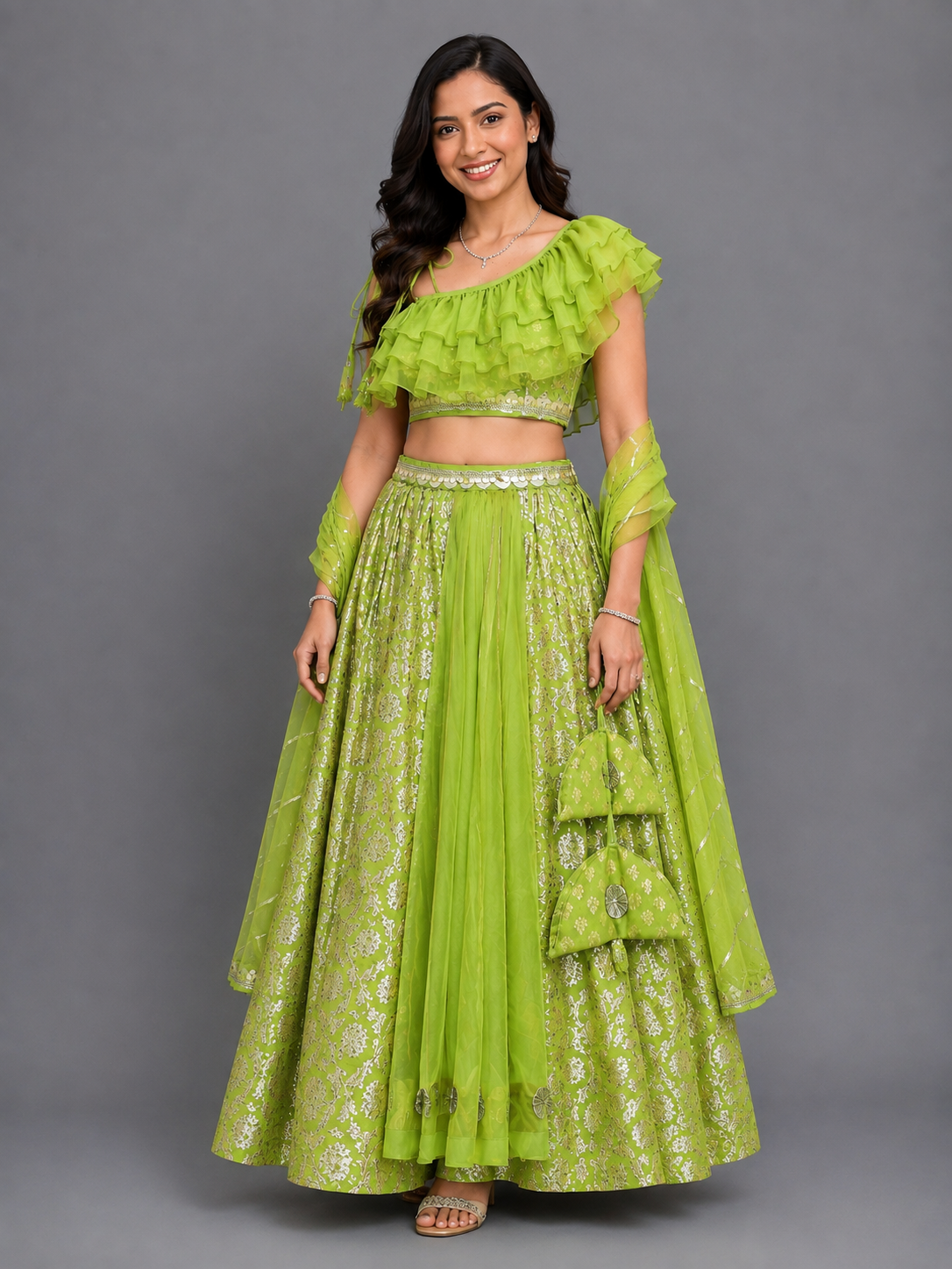 Green Off shoulder Organza Frill Chanderi lehnga set