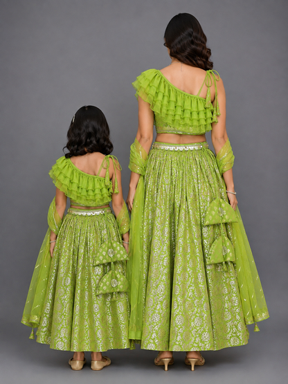 Green Off shoulder Organza Frill Chanderi lehnga set
