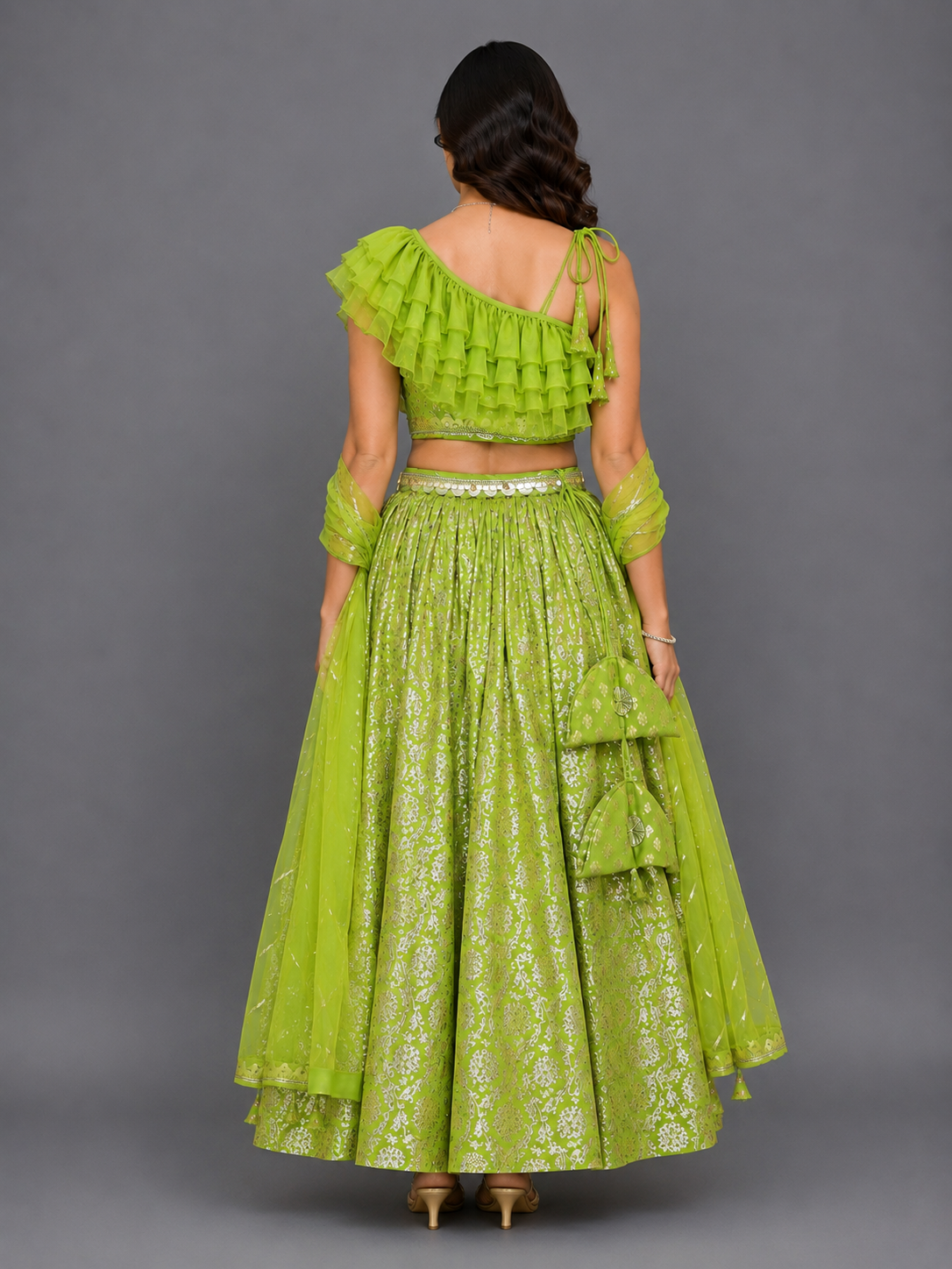 Green Off shoulder Organza Frill Chanderi lehnga set