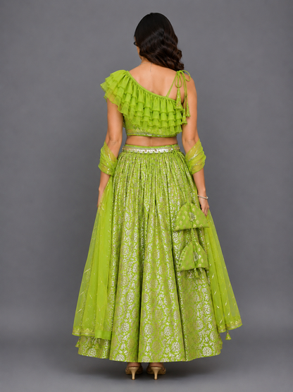 Green Off shoulder Organza Frill Chanderi lehnga set