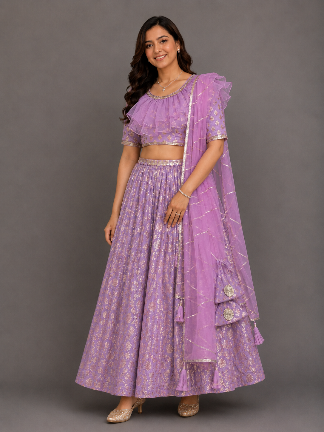 Lavendar Organza frilly Chanderi lehnga set and dupatta