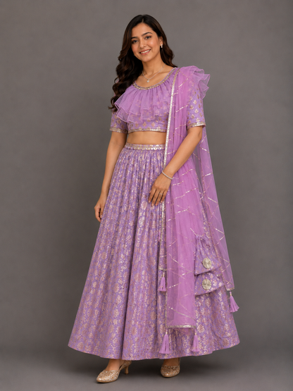 Lavendar Organza frilly Chanderi lehnga set and dupatta
