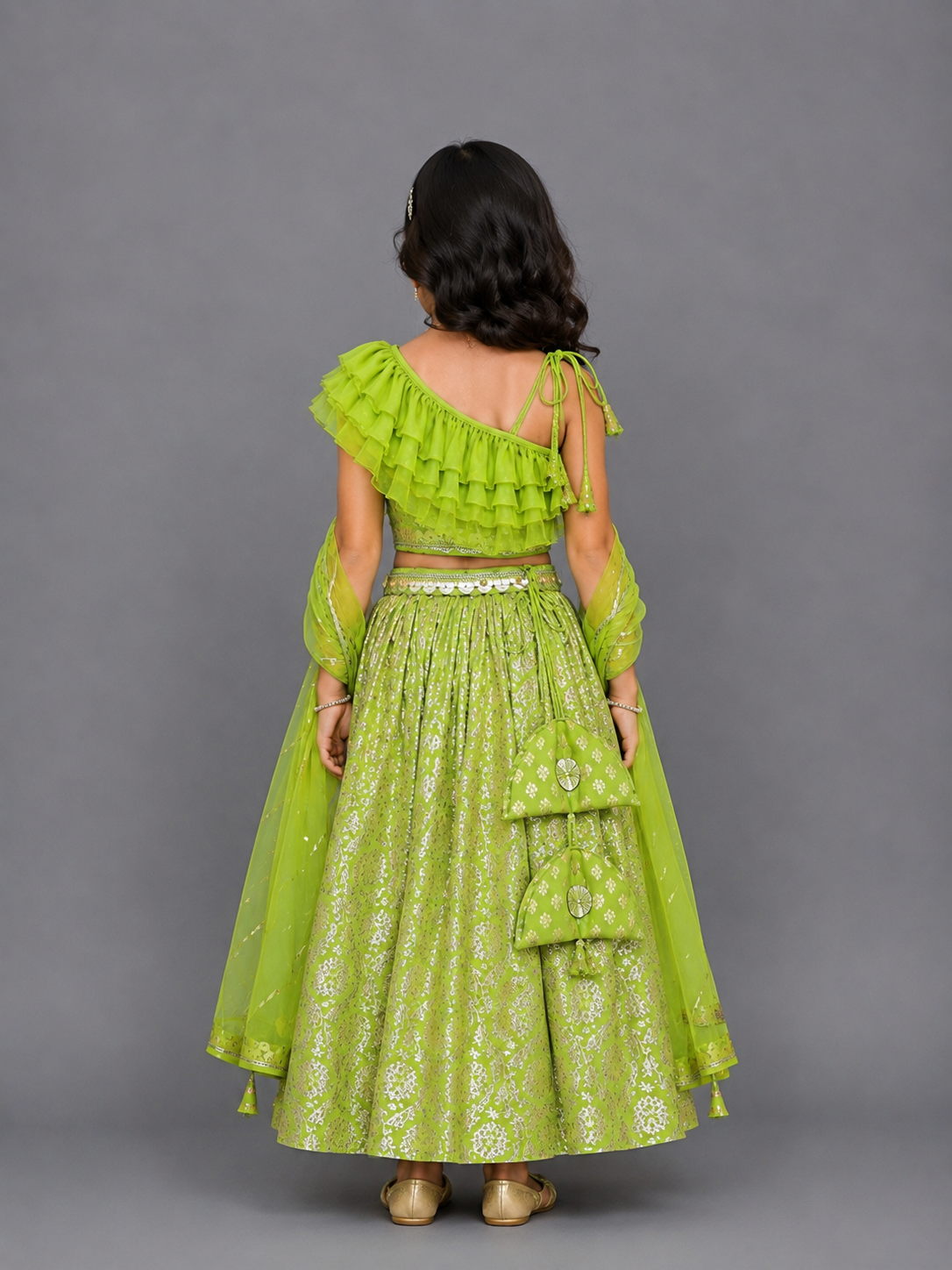 Green Off shoulder Organza Frill Chanderi lehnga set