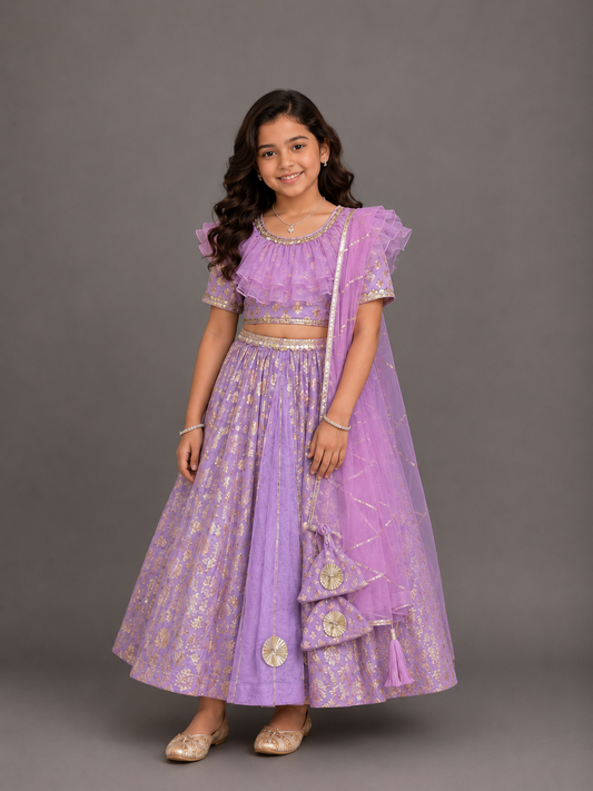 Lavendar Organza frilly Chanderi lehnga set and dupatta