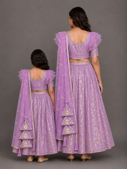 Lavendar Organza frilly Chanderi lehnga set and dupatta