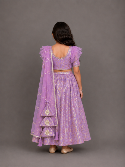 Lavendar Organza frilly Chanderi lehnga set and dupatta