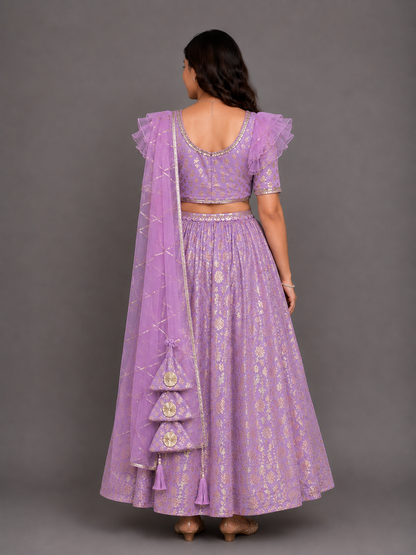 Lavendar Organza frilly Chanderi lehnga set and dupatta