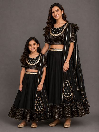 Black chanderi frill lehnga set