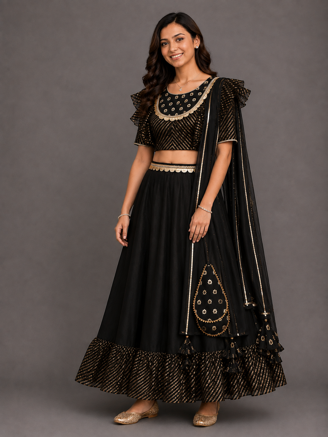 Black chanderi frill lehnga set
