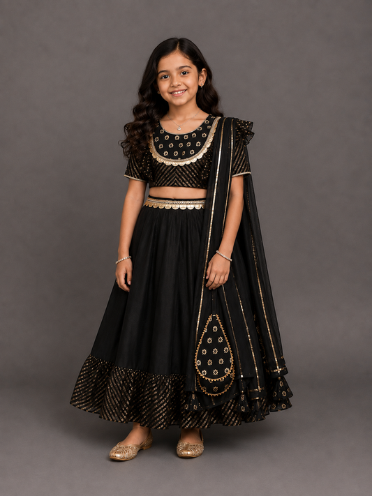 Black chanderi frill lehnga set
