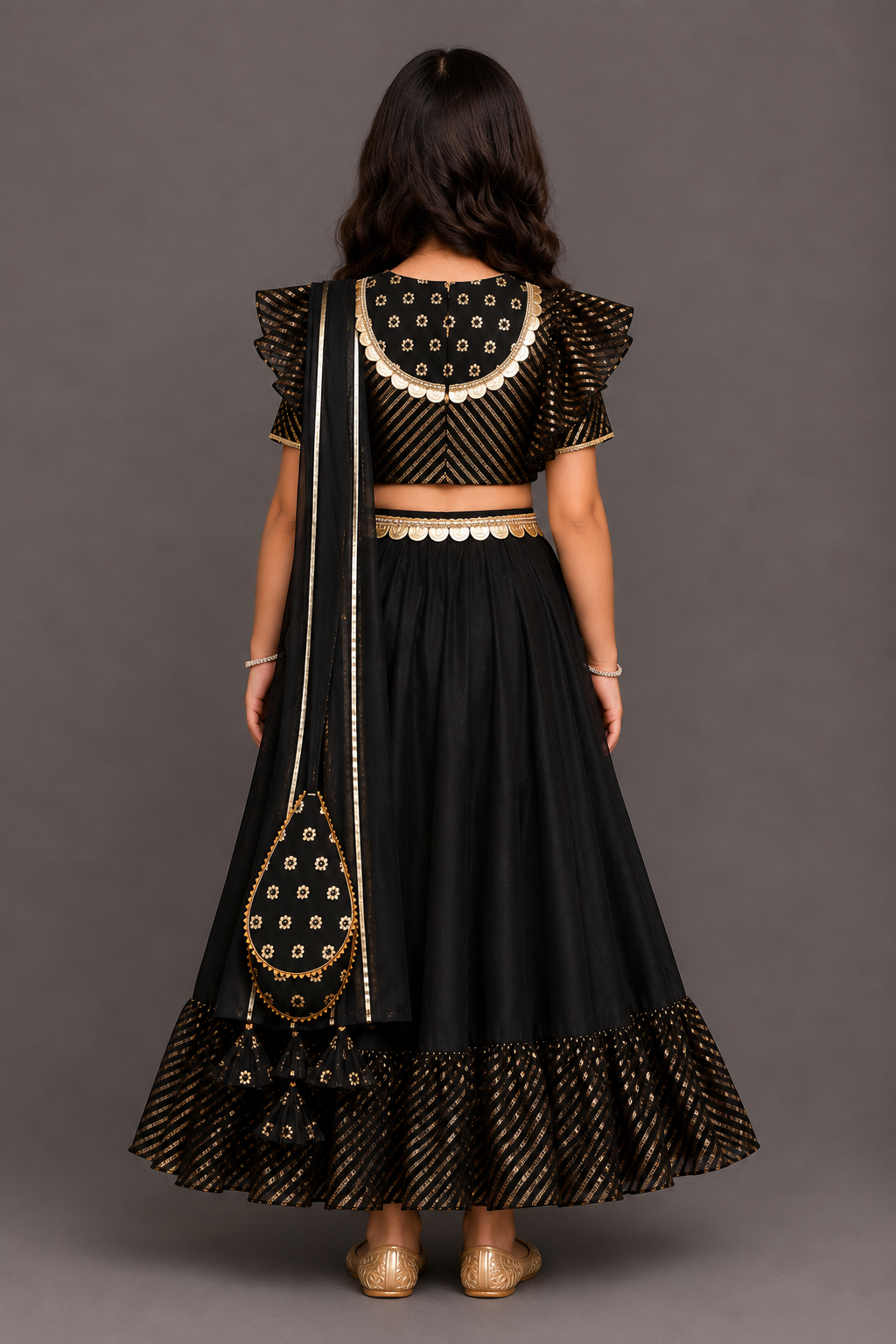 Black chanderi frill lehnga set
