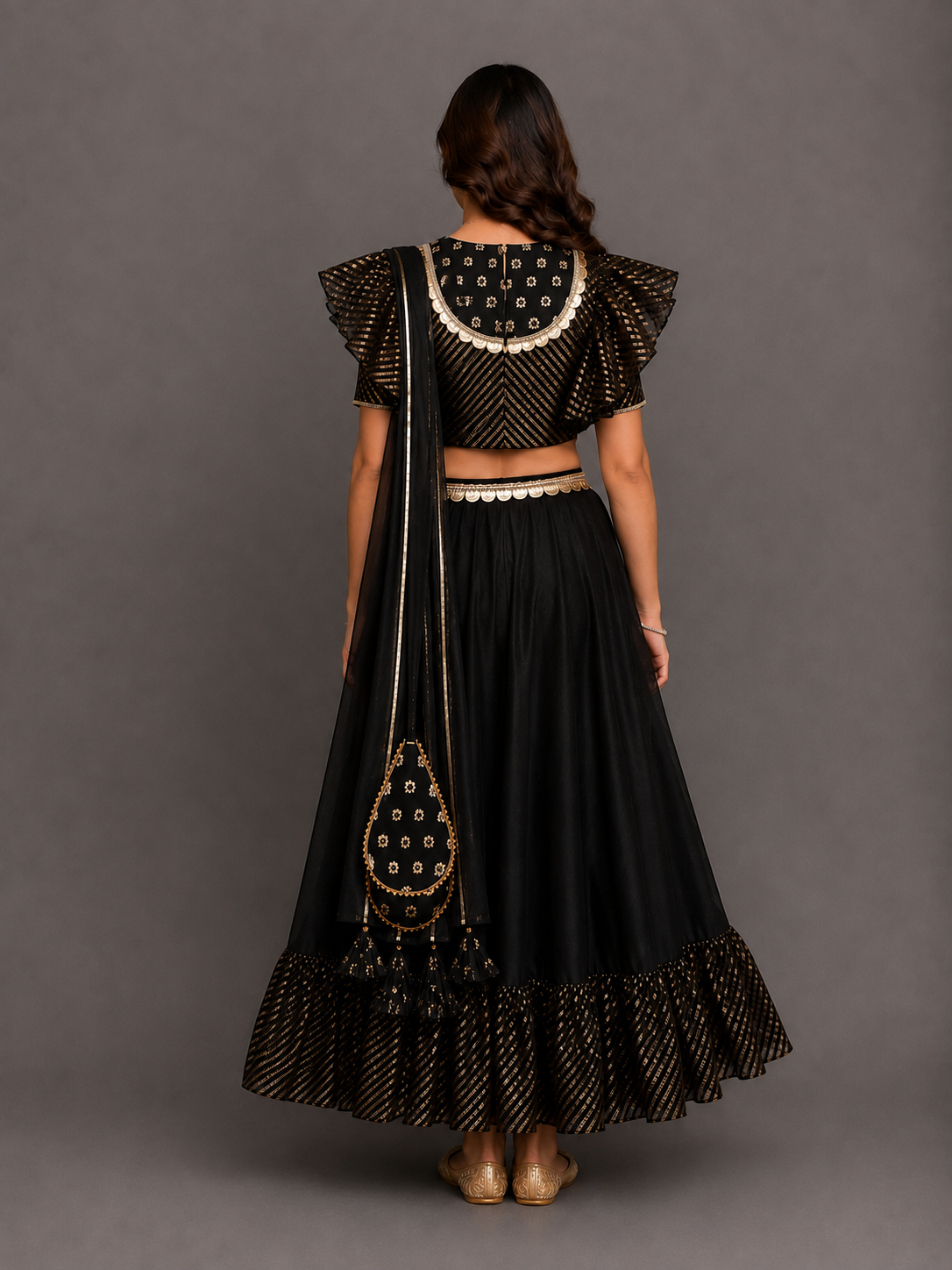 Black chanderi frill lehnga set