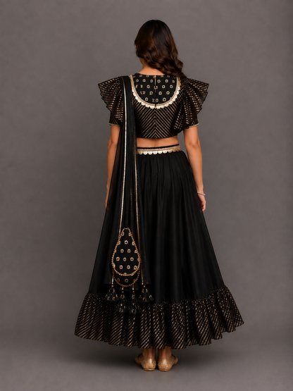 Black chanderi frill lehnga set
