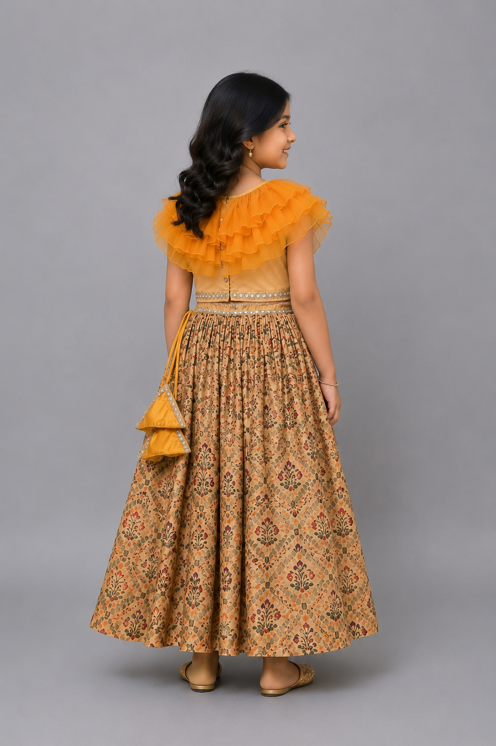 Golden Orange Frill Printed lehnga set