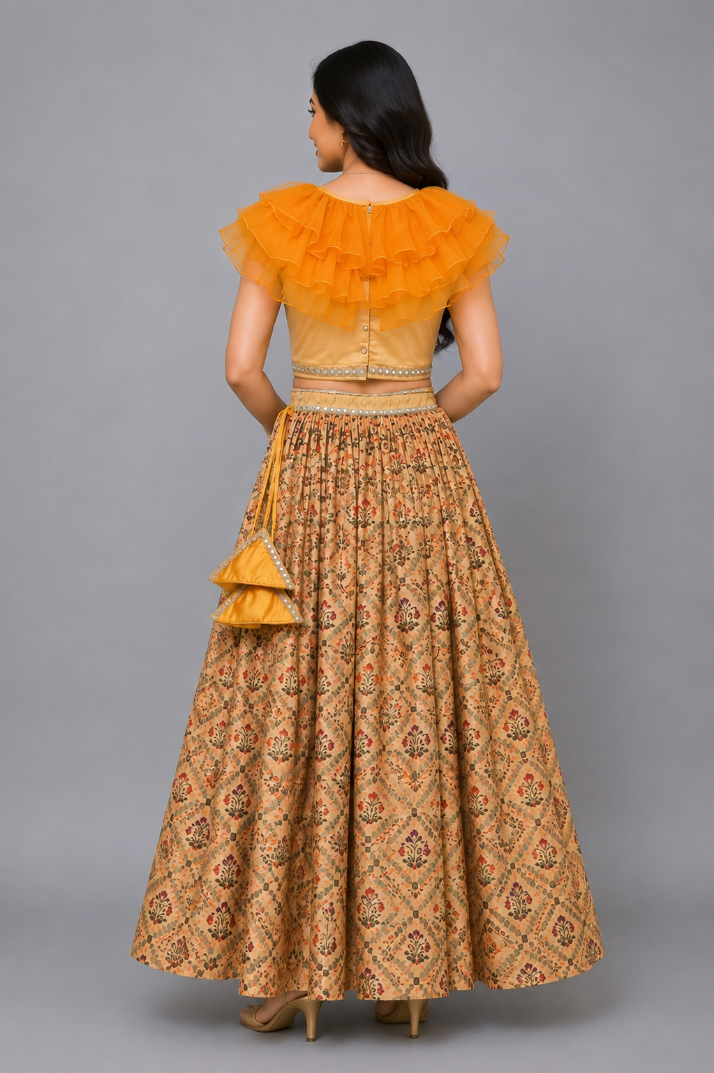 Golden Orange Frill Printed lehnga set
