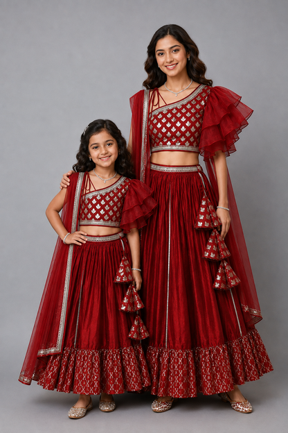 Maroon Chanderi Off Shoulder Lehnga Set