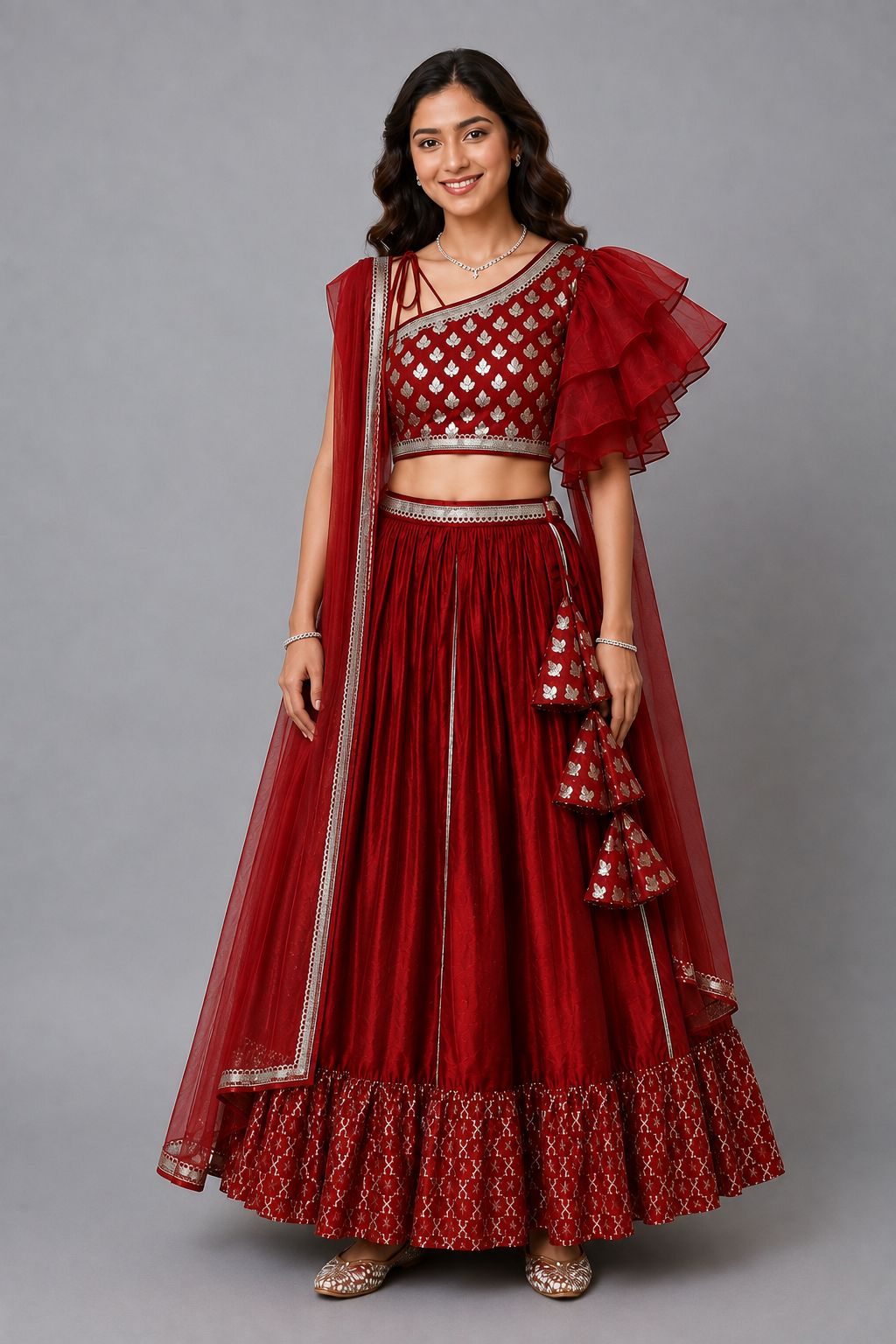 Maroon Chanderi Off Shoulder Lehnga Set