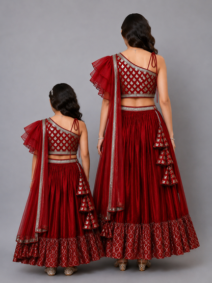 Maroon Chanderi Off Shoulder Lehnga Set