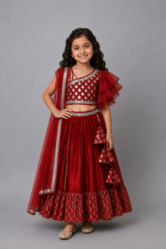 Maroon Chanderi Off Shoulder Lehnga Set