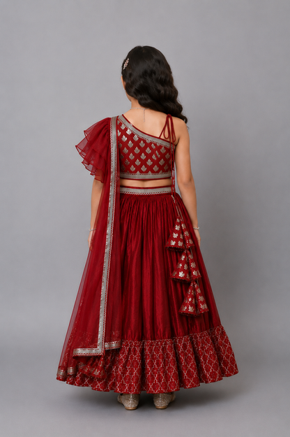 Maroon Chanderi Off Shoulder Lehnga Set