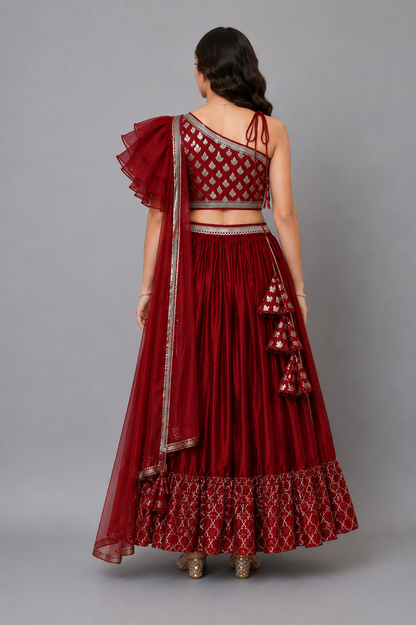 Maroon Chanderi Off Shoulder Lehnga Set