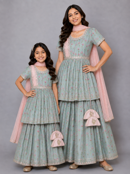 Green Lotus Print Lehnga Set