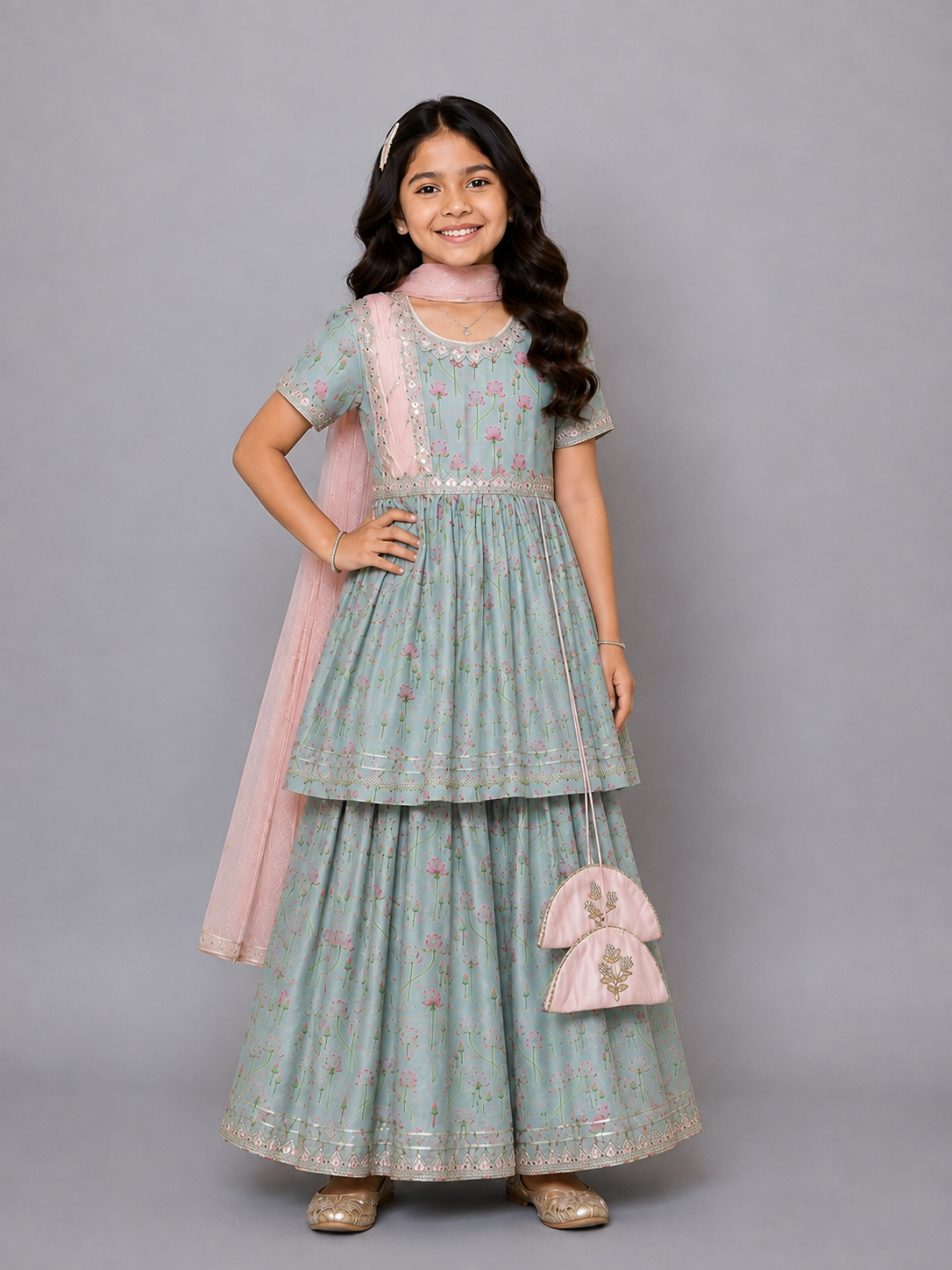 Green Lotus Print Lehnga Set