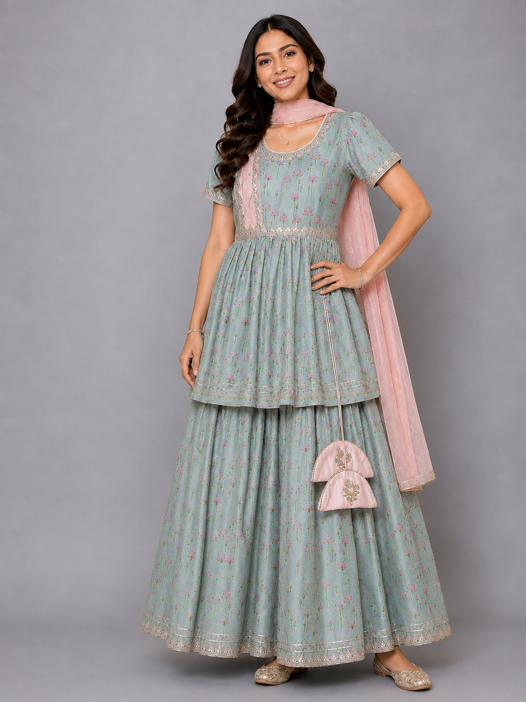 Green Lotus Print Lehnga Set